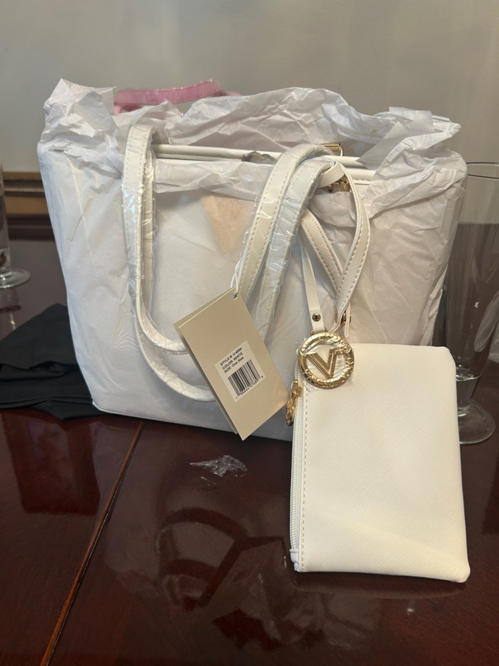 White Women's Tote with Matching Zip Wallet and Gold V Charm